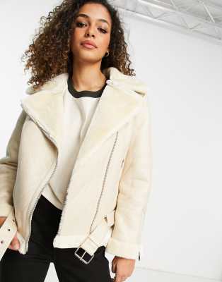 Topshop Tall Faux Leather Shearling Aviator Biker Jacket In Ecru