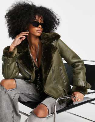 Topshop Faux Shearling Aviator Jacket With Faux Fur Lining In