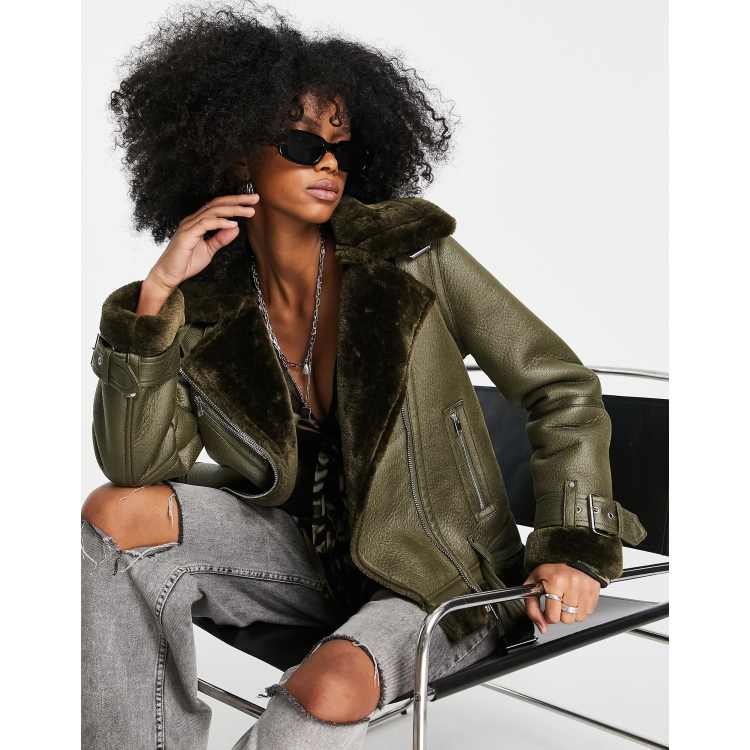 Topshop faux shearling biker jacket with faux fur lining in khaki