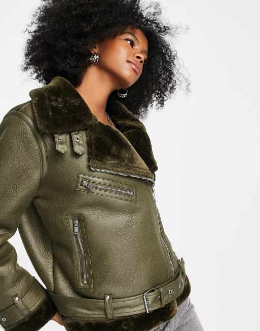 Faux Fur Lined Leather Shearling Moto Jacket