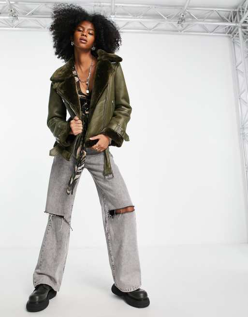 Topshop faux shearling biker jacket with faux fur lining in khaki