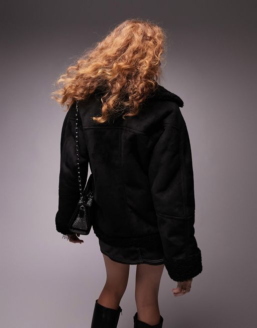 Topshop faux shearling oversized car jacket in black, ASOS