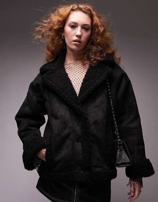 Topshop faux shearling car coat in black