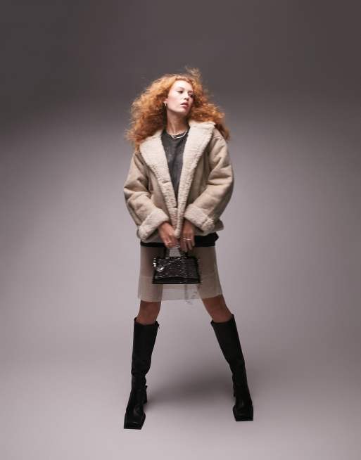 Topshop faux shearling car coat in taupe