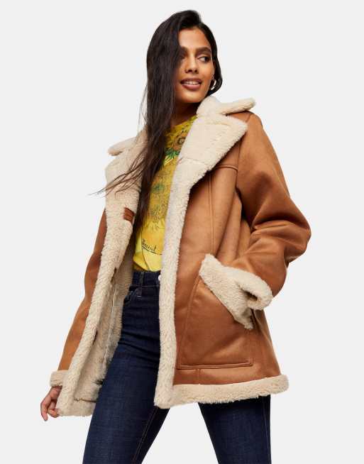 Topshop faux shearling car jacket in tan