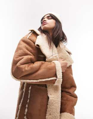 Topshop faux shearling longline coat in tan and cream-Multi