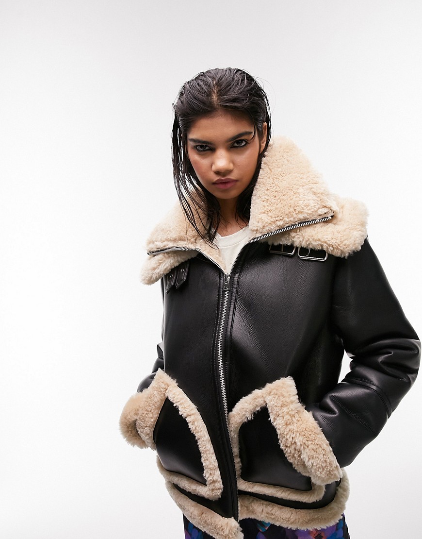 Topshop faux shearling oversized aviator jacket with double collar detail in black