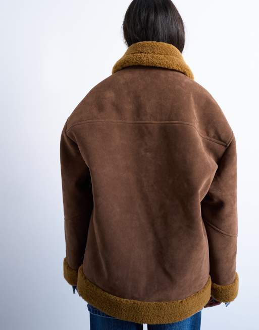 Topshop faux shearling oversized car coat in brown