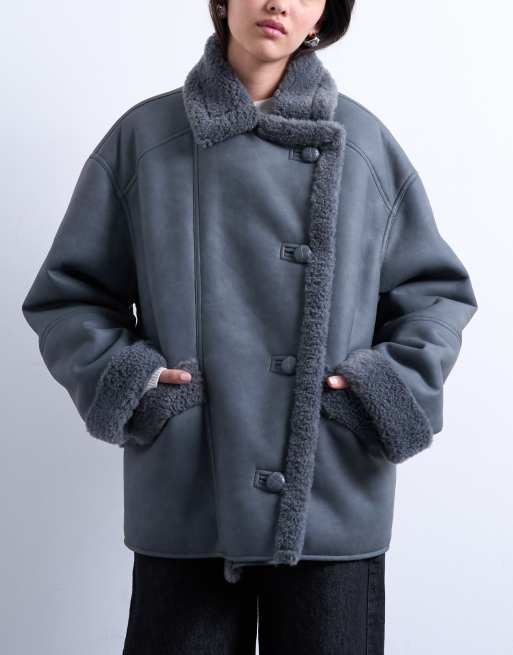Topshop faux shearling oversized car coat in gray