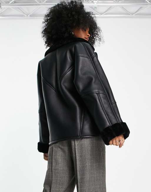 Topshop faux shearling oversized car jacket in black