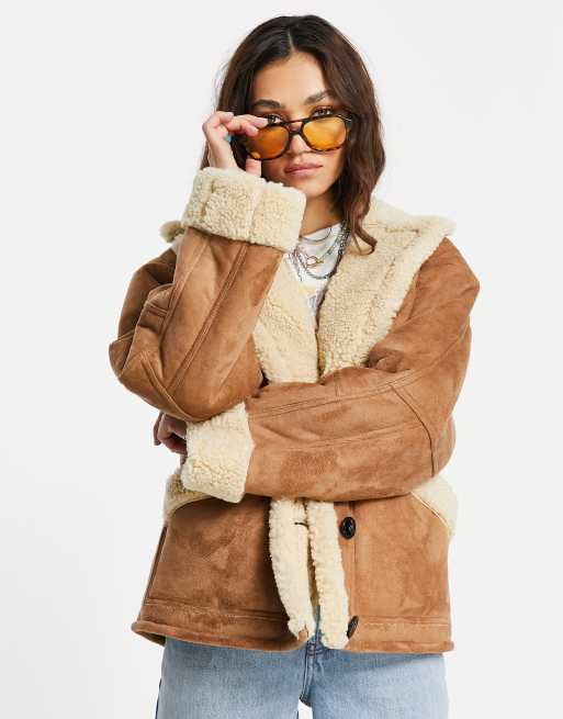 Topshop faux shearling oversized car jacket in tan