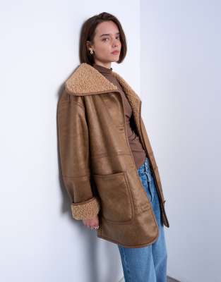 Topshop Faux Shearling Oversized Patch Pocket Mid Length Car Coat In Brown