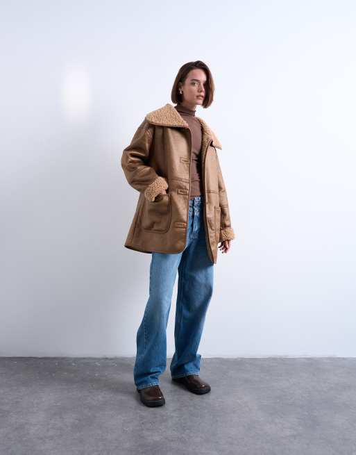 Topshop faux-shearling oversized patch pocket mid length car coat in caramel, 2 of 4