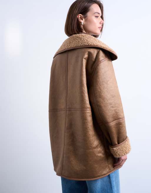 Topshop faux-shearling oversized patch pocket mid length car coat in caramel, 4 of 4