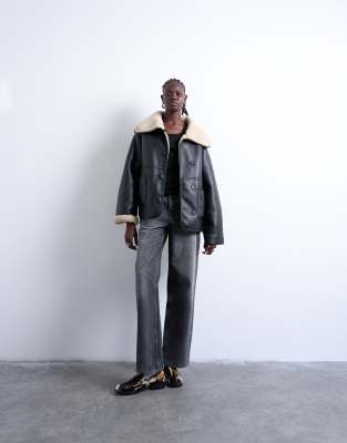 Topshop Faux Shearling Oversized Reversible Coat With Button Loops In Black