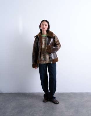 Topshop Faux Shearling Patchwork Faux Leather Jacket In Brown