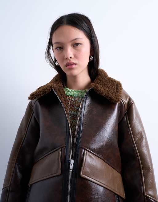 Topshop faux shearling patchwork faux leather jacket in brown