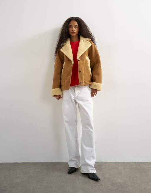 Topshop faux shearling short jacket in beige, 3 of 4