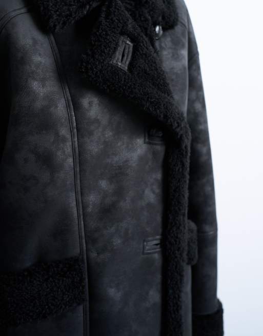Topshop faux shearling oversized car coat in black