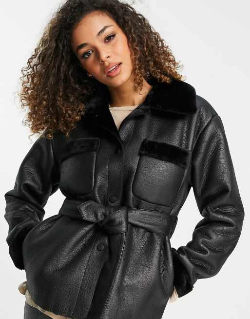 Topshop faux shearling tie waist jacket in black | ASOS