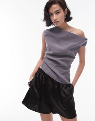 Topshop Faux Soft Touch Asymmetric Top In Charcoal-gray
