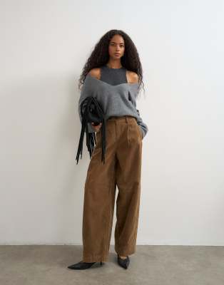 Topshop Faux Suede Barrel Leg Trouser In Brown