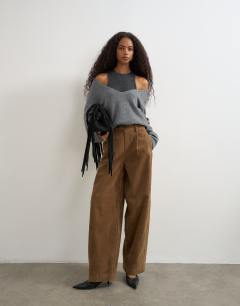 Model wearing Faux suede barrel leg trouser in choc