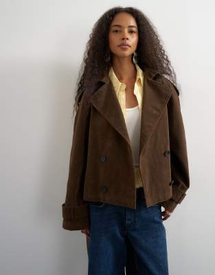Topshop Faux Suede Belted Trench Coat In Brown