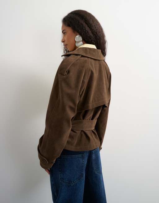 Topshop faux suede belted trench coat in chocolate, 4 of 4