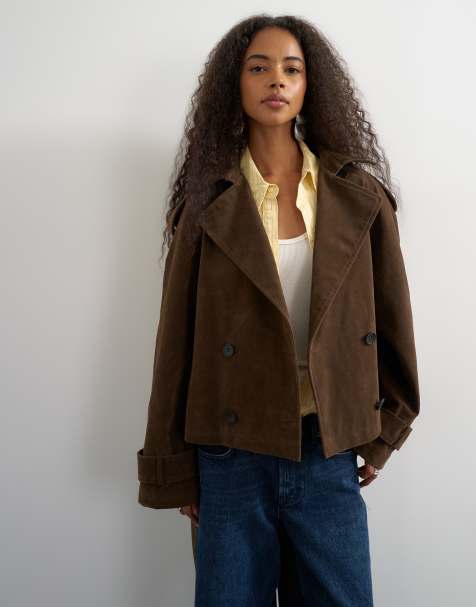 Topshop faux suede belted trench in chocolate - view 1