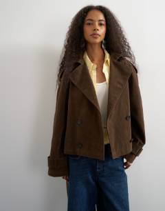 Model wearing Faux suede belted trench in chocolate