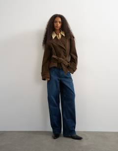 Model wearing Faux suede belted trench in chocolate