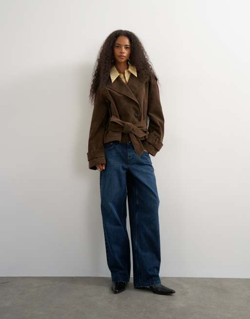 Topshop faux suede belted trench in chocolate, 2 of 4