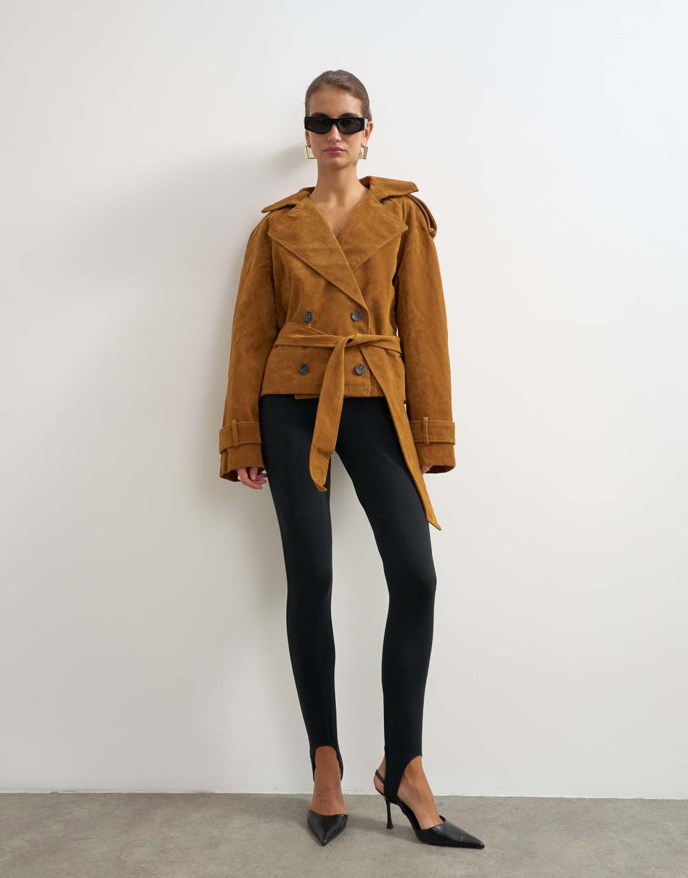 Topshop faux suede belted trench in tan