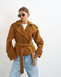 Faux suede belted trench in tan