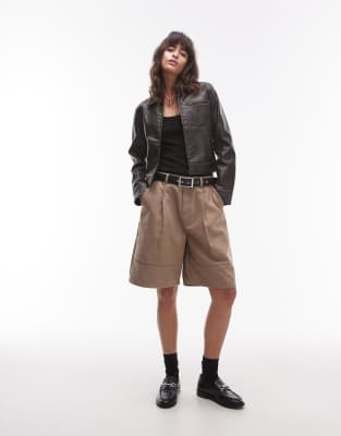 Topshop Faux Suede Bermuda Shorts In Light Beige-neutral