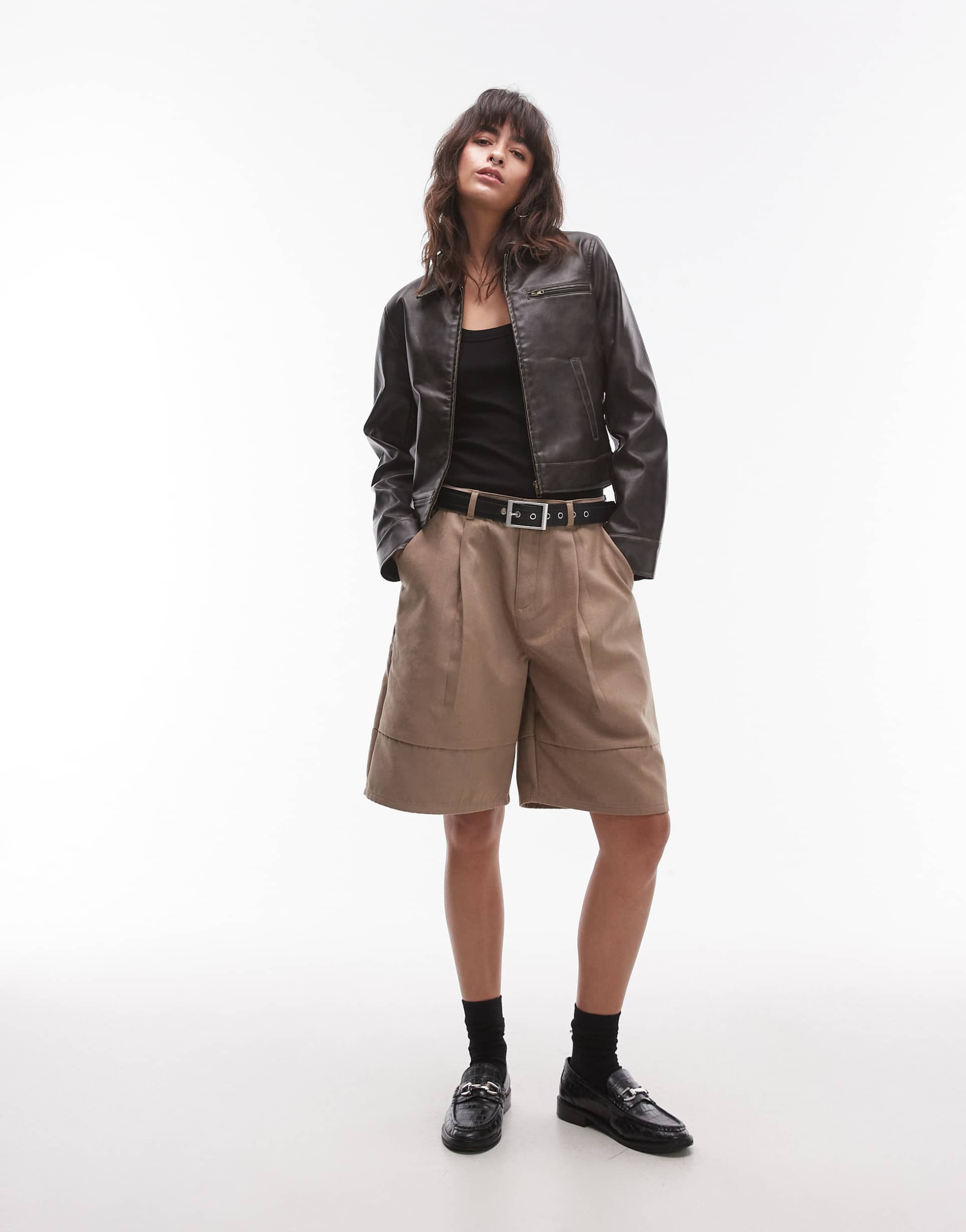 topshop faux suede bermuda shorts in light beige