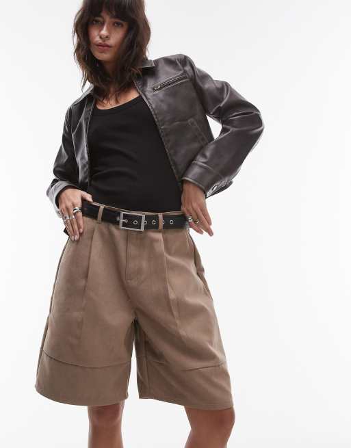 Topshop faux suede Bermuda shorts in light beige