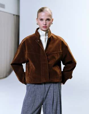Topshop Faux Suede Bomber Jacket With Nehru Collar In Brown