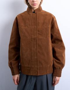 Faux suede bomber jacket with nero collar in tan