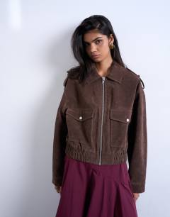 Faux suede bomber jacket with popper details in chocolate