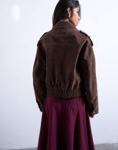Model wearing Faux suede bomber jacket with popper details in chocolate