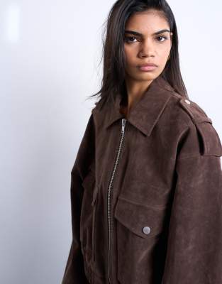 Topshop Faux Suede Quilted Lined Bomber Jacket With Snap Details In Brown