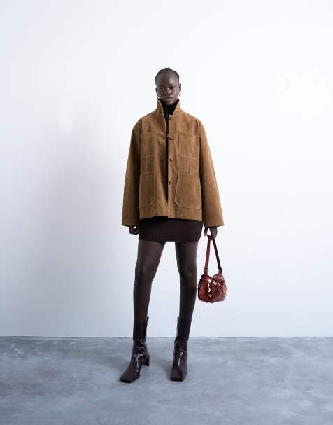 Topshop faux suede boxy casual shacket in tan - view 1