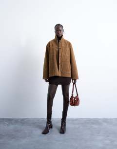 Faux suede boxy casual shacket in tan