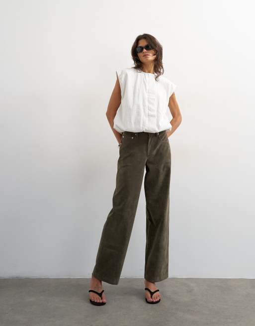 Topshop faux suede cinch pants in khaki, 4 of 5