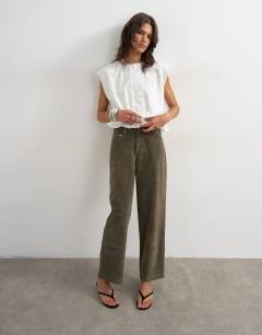 Model wearing Faux suede cinch trouser in khaki