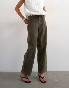 Model wearing Faux suede cinch trouser in khaki