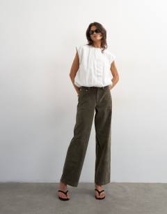 Model wearing Faux suede cinch trouser in khaki