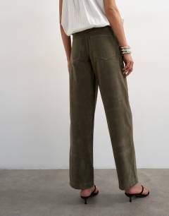 Model wearing Faux suede cinch trouser in khaki